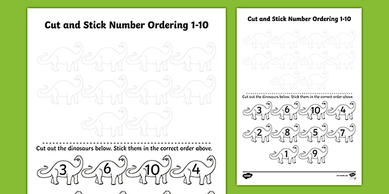 Black and White Dinosaur Themed Cut and Stick Number Ordering Activity 1-10