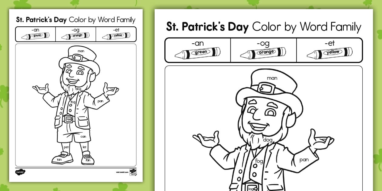 Kindergarten St. Patrick's Day Color by Word Family Worksheet