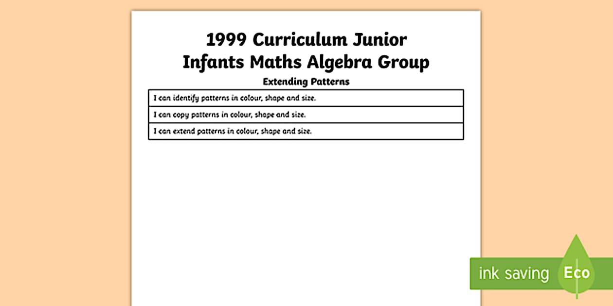 Editable 1999 Curriculum Junior Infants Maths Algebra Assessment Group