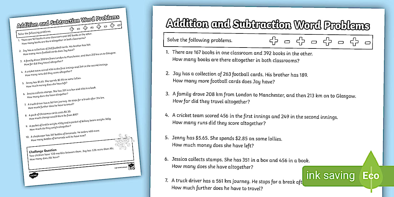 Addition and Subtraction Word Problems Year 3 Twinkl
