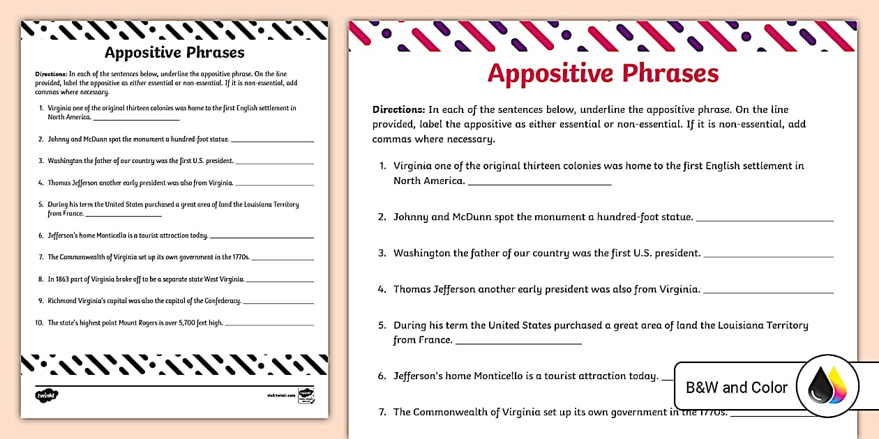 Identifying Appositive Phrases Worksheet for 6th 8th Grade