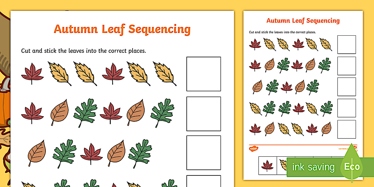 Fall Sequencing Patterns Black and White Autumn Leaf Sequencing Worksheet - Twinkl
