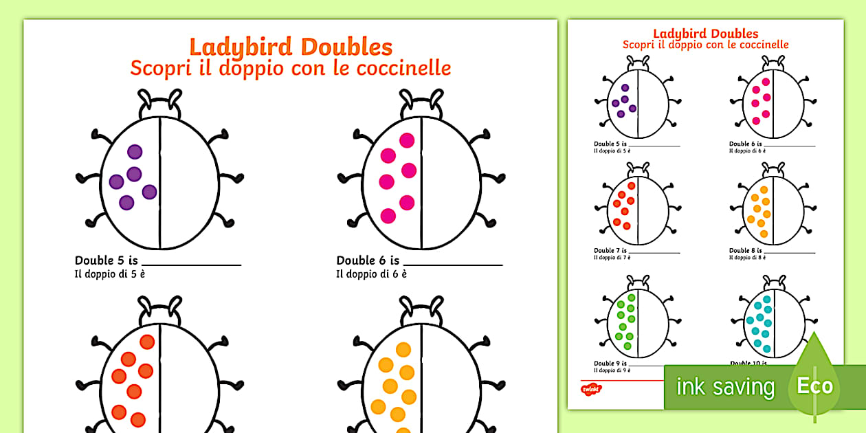 Ladybird Doubles to 20 Worksheet English/Italian - Twinkl