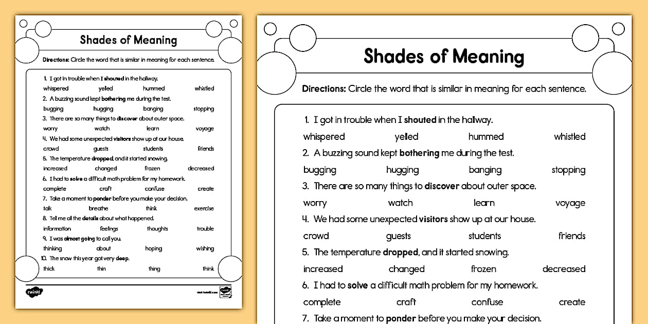Second Grade Shades of Meaning Vocabulary Worksheet Twinkl