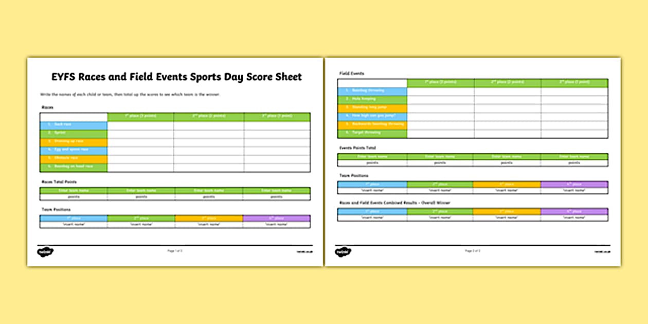 EYFS Races and Field Events Sports Day Score Sheet - Twinkl