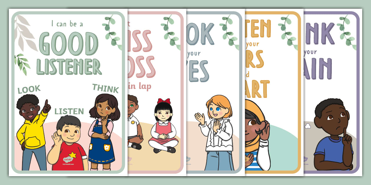 Botanical Themed Good Listening Display Posters Twinkl