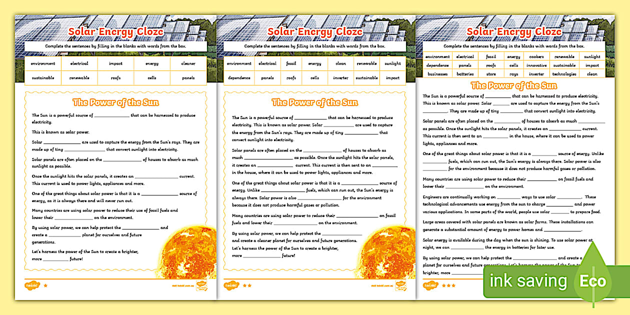Solar Energy Cloze (Differentiated) (teacher made) Twinkl