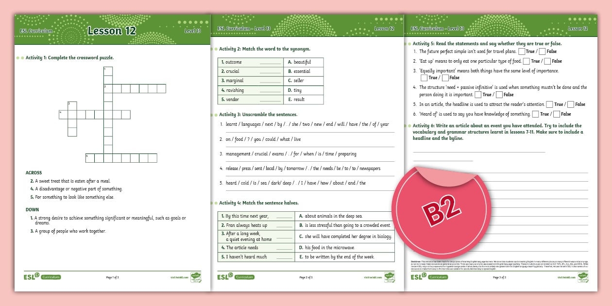 ESL Curriculum Level 13, Lesson 12 Activity
