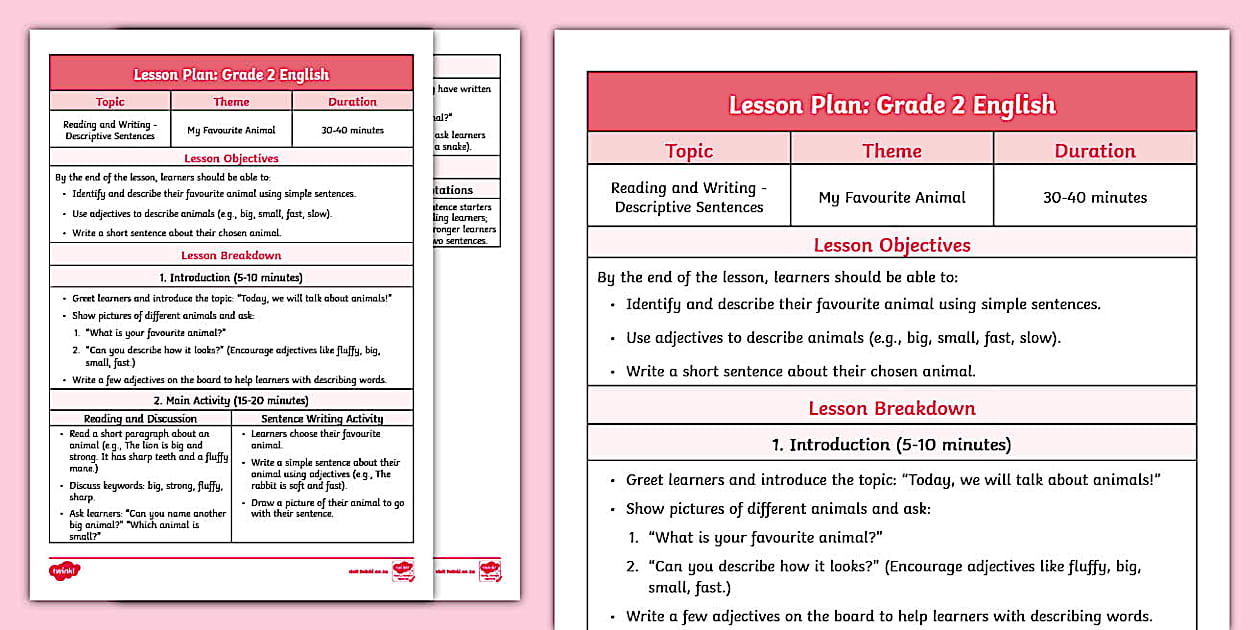 * NEW * Grade 2 English Lesson Plan - Reading and Writing
