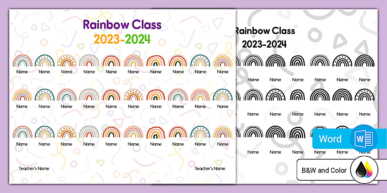 Editable Colorful Rainbows Class Names Keepsake Poster