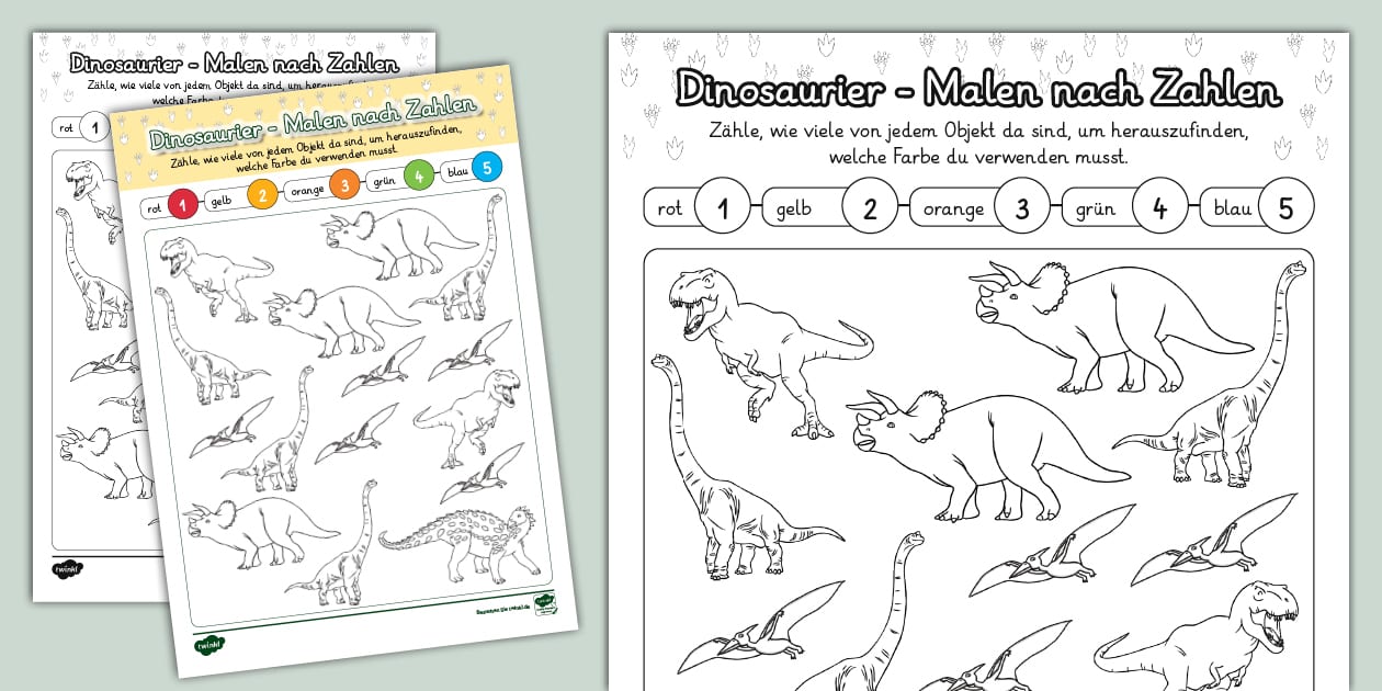 Dinosaurier Malen nach Zahlen - Arbeitsblatt - Twinkl