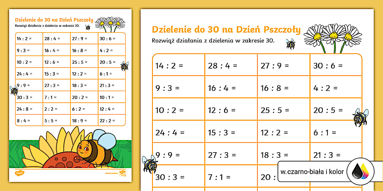 Matzoo Klasa 2 Dzielenie Do 30 Dzielenie do 30 | Dzień Pszczoły | Karta pracy - Twinkl