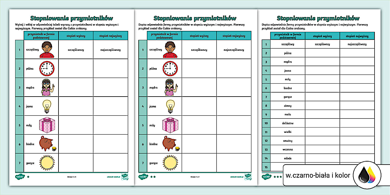 Sprawdzian Z Przymiotnikow Stopniowanie 3 Klasa Stopniowanie przymiotników | Części mowy | 3 poziomy