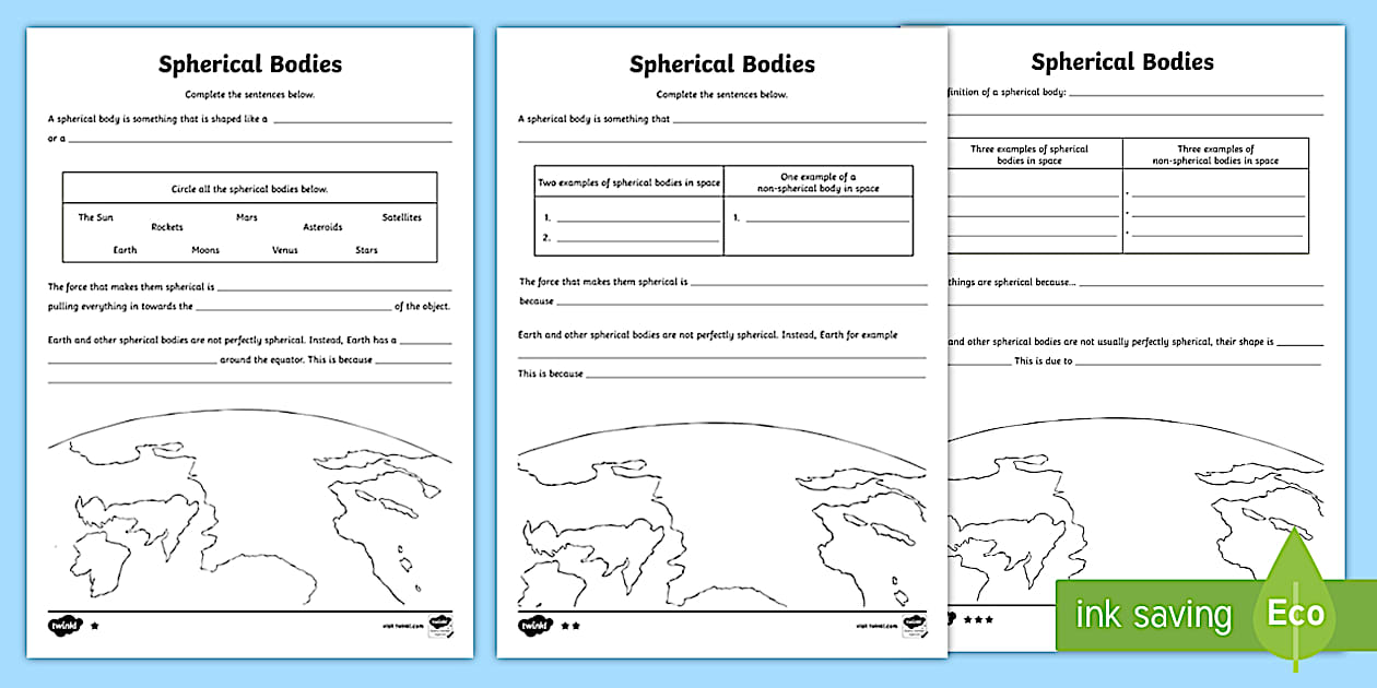 Middle Ability KS2 Spherical Bodies Differentiated Worksheets