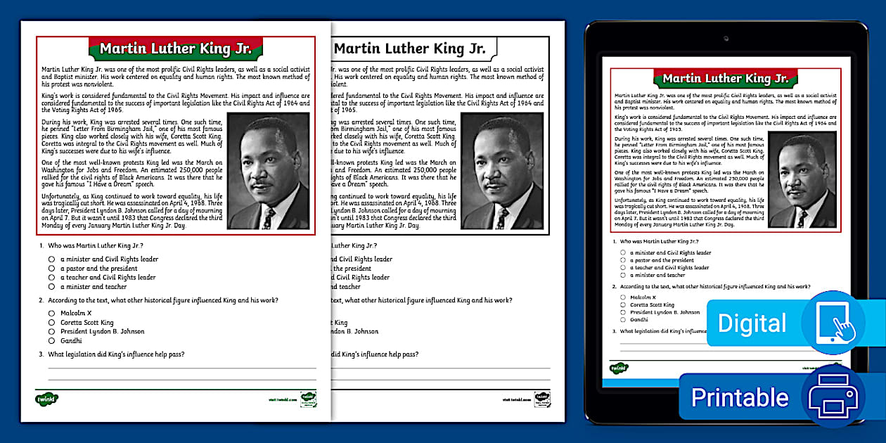 Fifth Grade Martin Luther King Jr. Reading Passage Worksheet