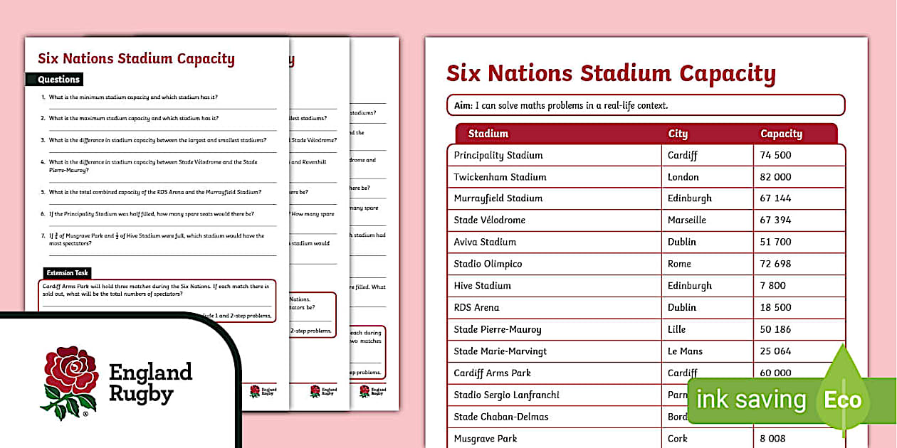 FREE! - England Rugby Six Nations Stadium Capacity Maths 7-11