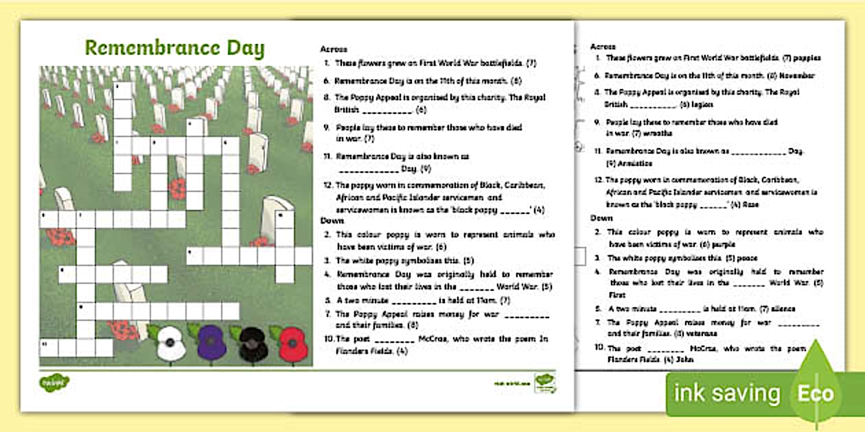 Remembrance Day Crossword KS2 Twinkl