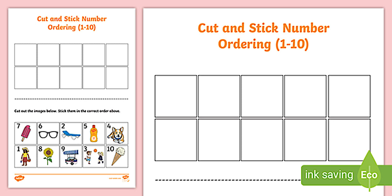 Black and White Summer Themed Cut and Stick Number Ordering Sheets 1-10