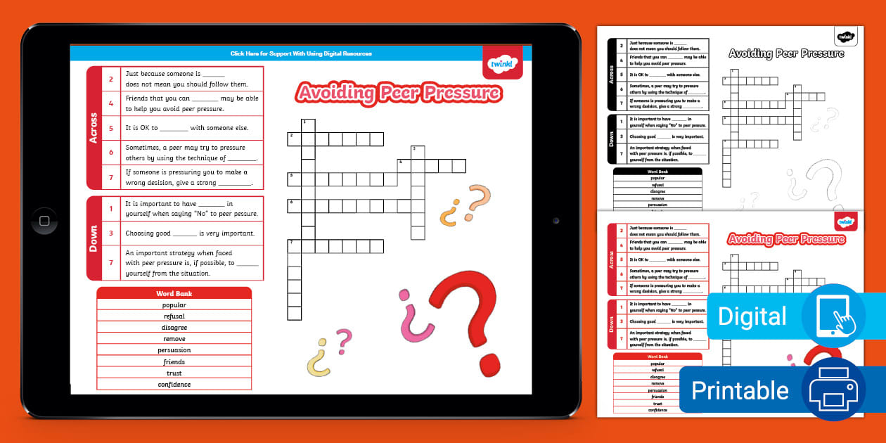 Avoiding Peer Pressure Crossword for 3rd 5th Grade Twinkl
