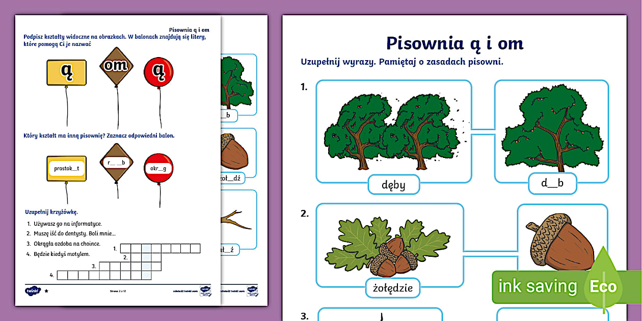 Pisownia ą i om | Karty pracy | Ortografia | Język polski