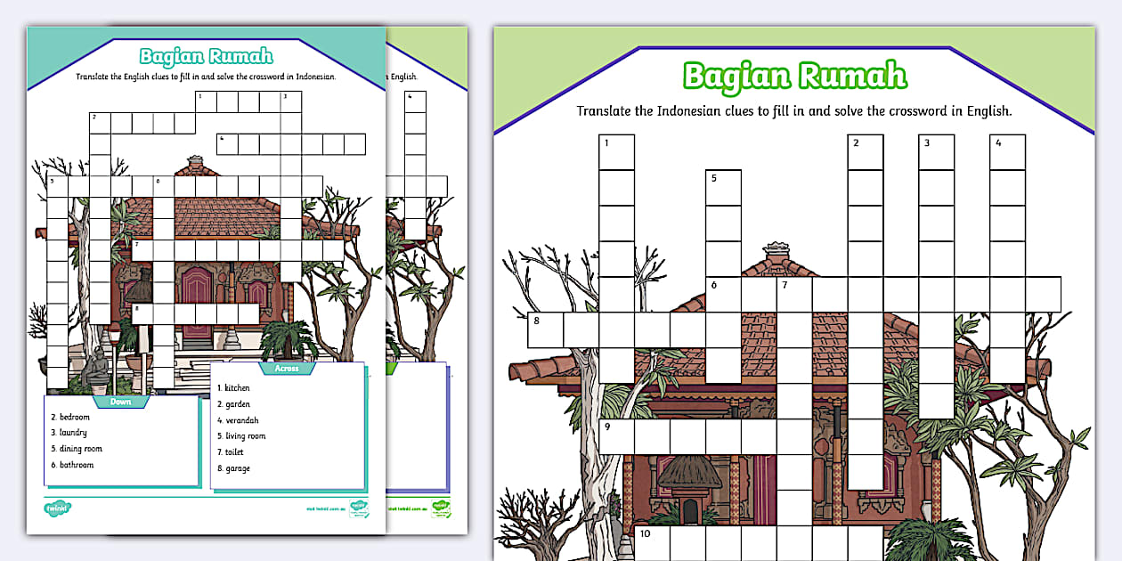 Parts of a House Crossword Indonesian (teacher made)