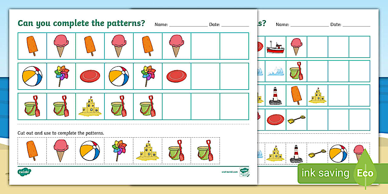 Black and White Seaside Themed Complete the Pattern Worksheet