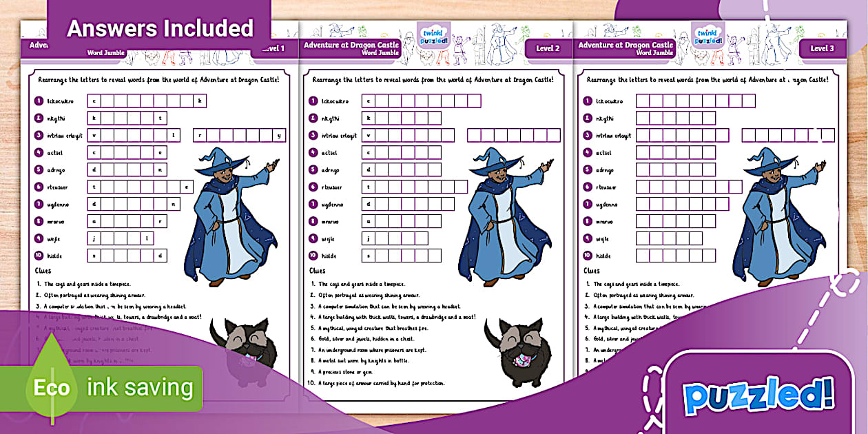 Dragon Castle Word Jumble Puzzle - Twinkl - Kids Puzzles