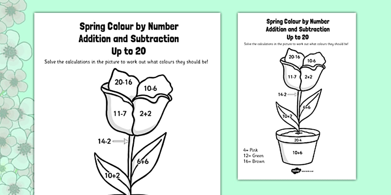 Spring colour by number addition and subtraction up to 20 20