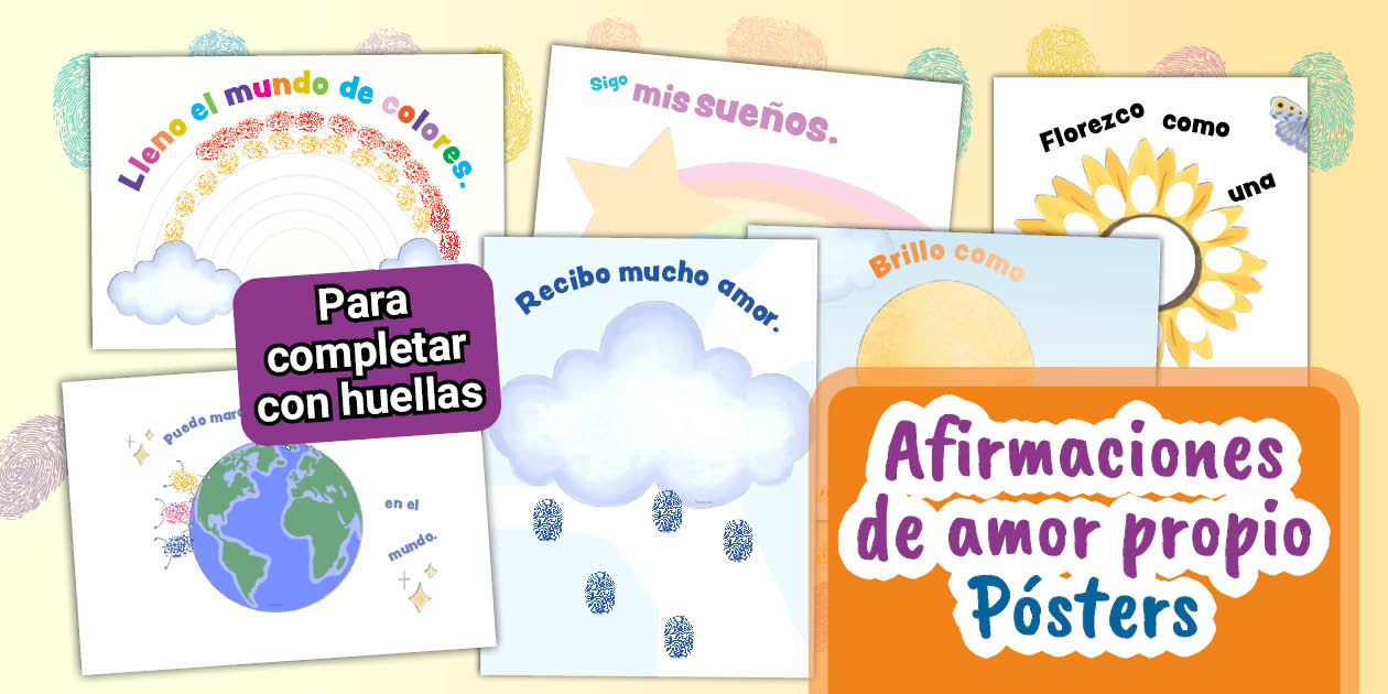 Pósters con afirmaciones de amor propio para completar con huellas
