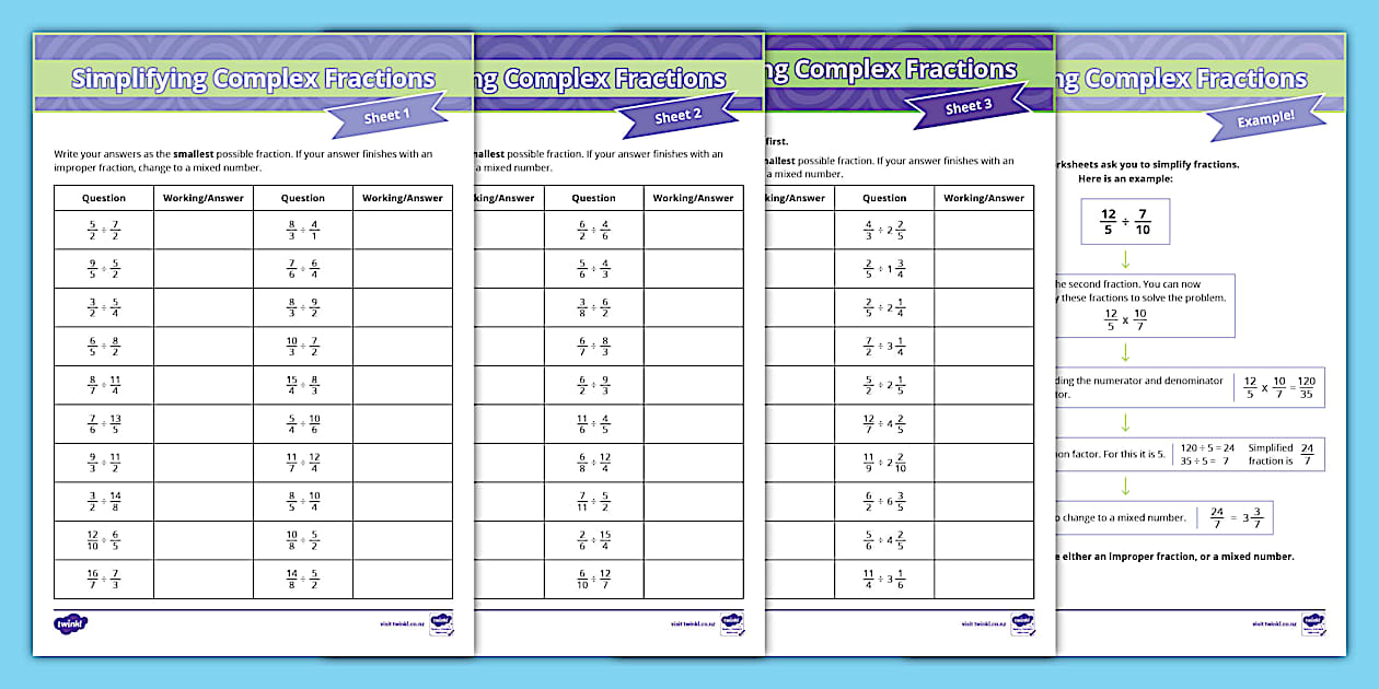 Simplifying Complex Fractions Worksheets