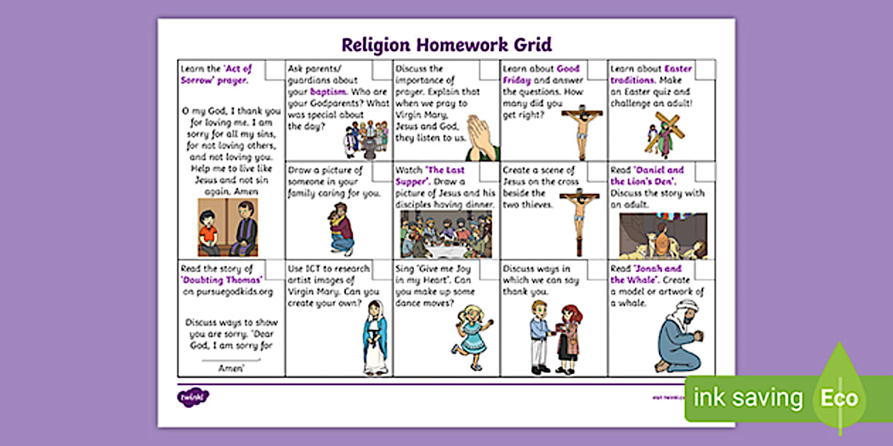 First Level P2 Catholic Religion Homework Grid - Twinkl