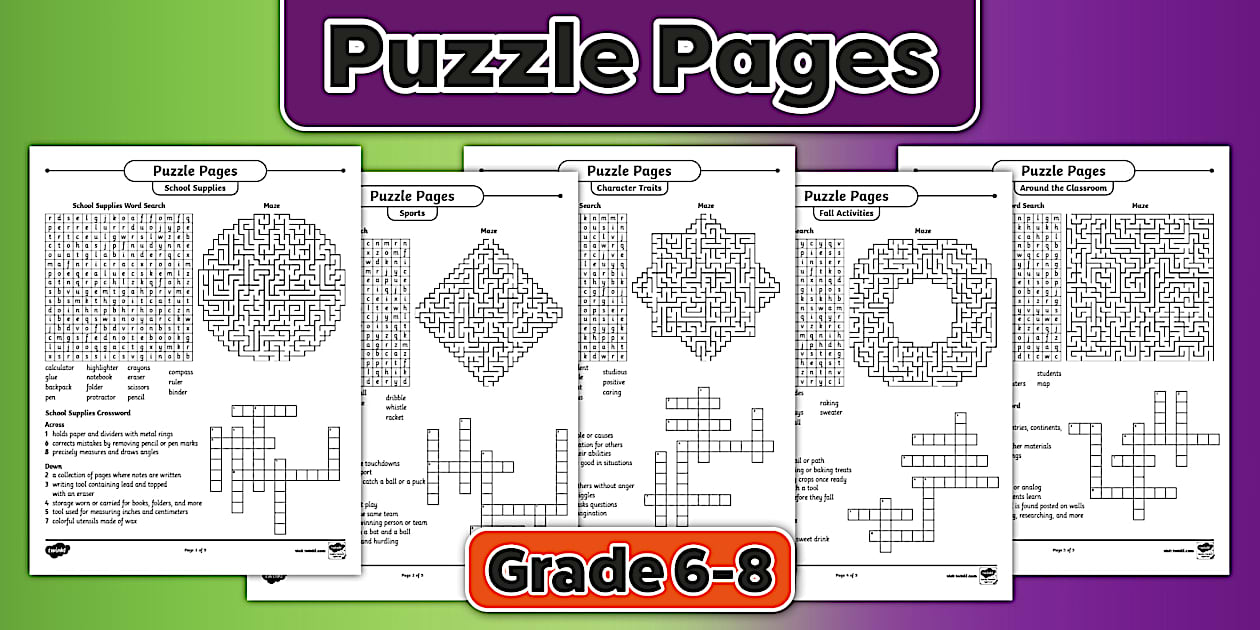Back To School Puzzle Pages for 6th 8th Grade Twinkl