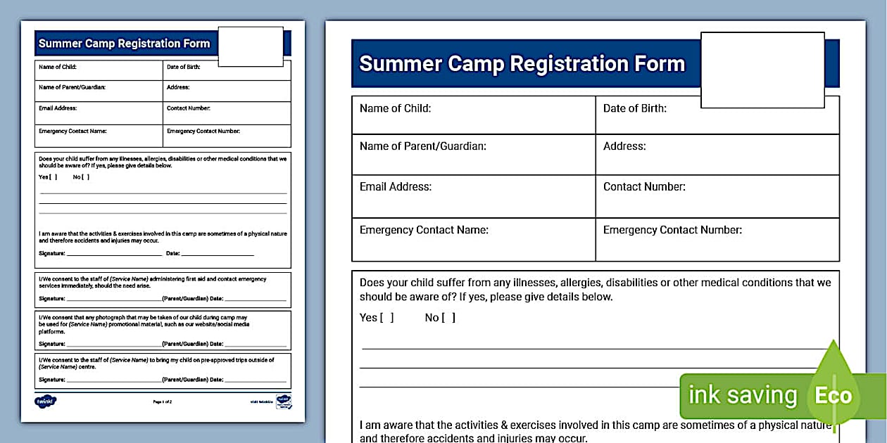 Summer Camp Registration Form (Editable) Early Years