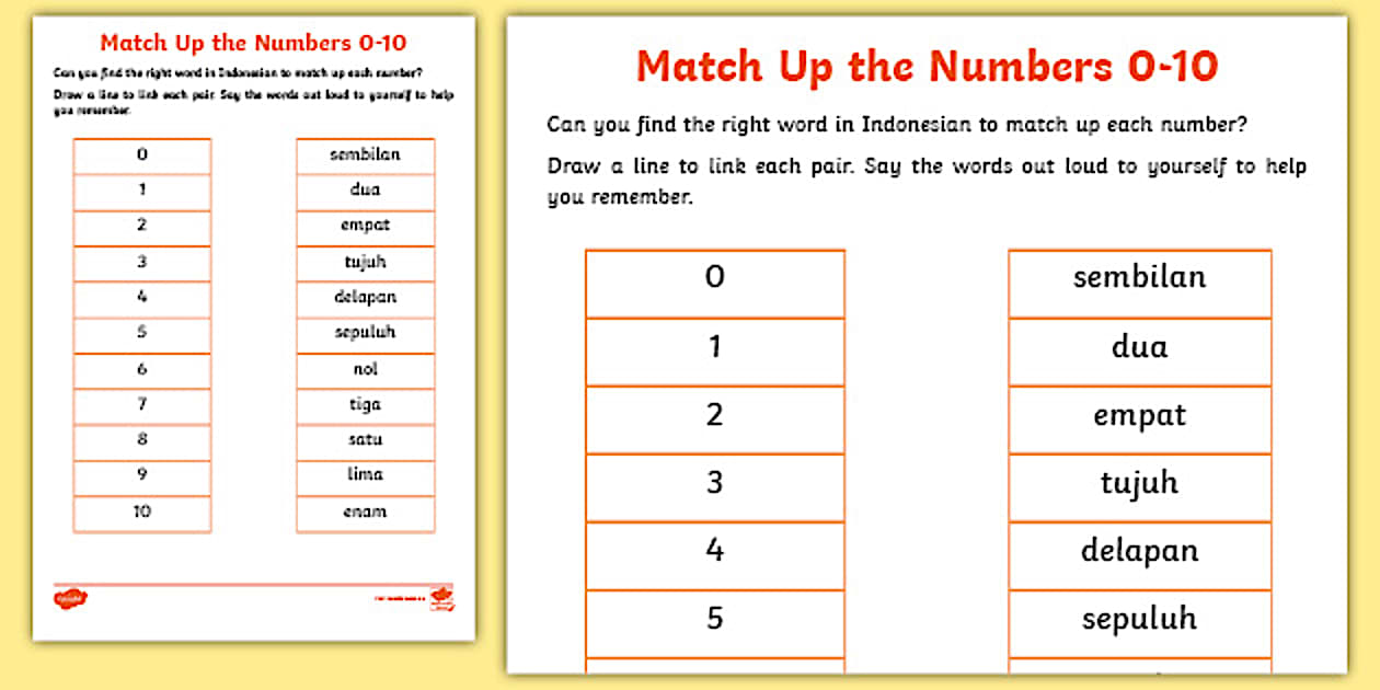 Numbers 0-10 Matching Words and Digits Worksheet Indonesian
