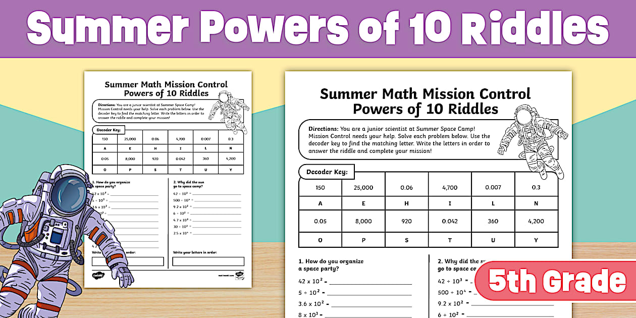 Summer Math Mission Control Powers of 10 Riddles Worksheet