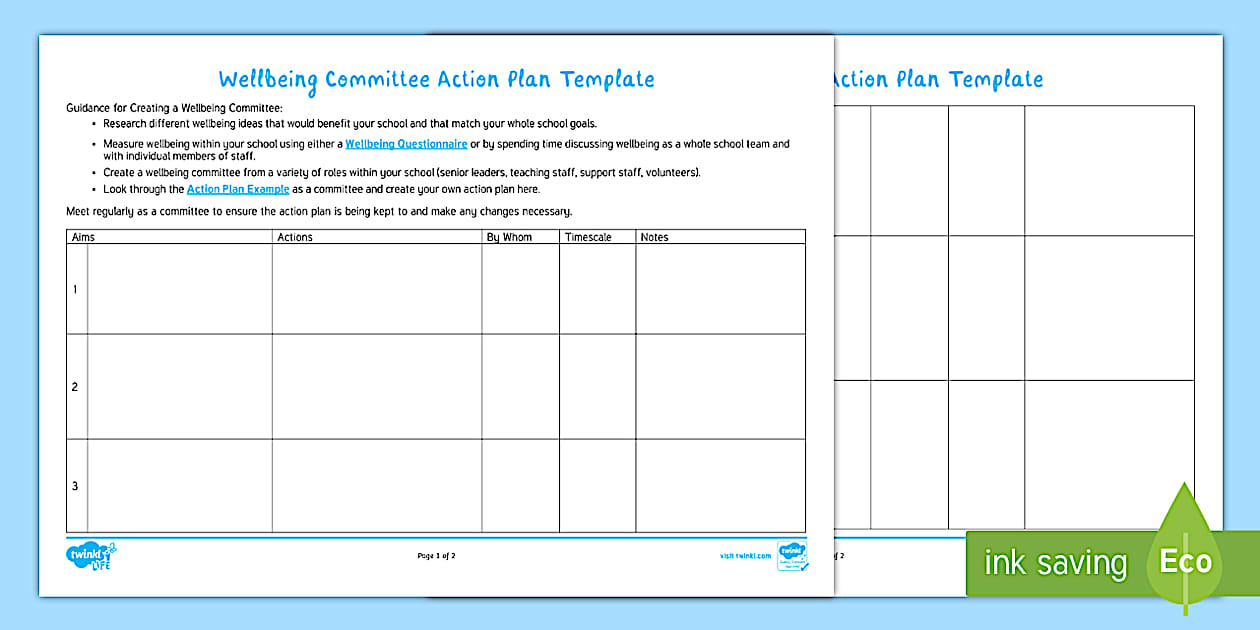 Wellbeing Plan Template Wellbeing Committee Action Plan