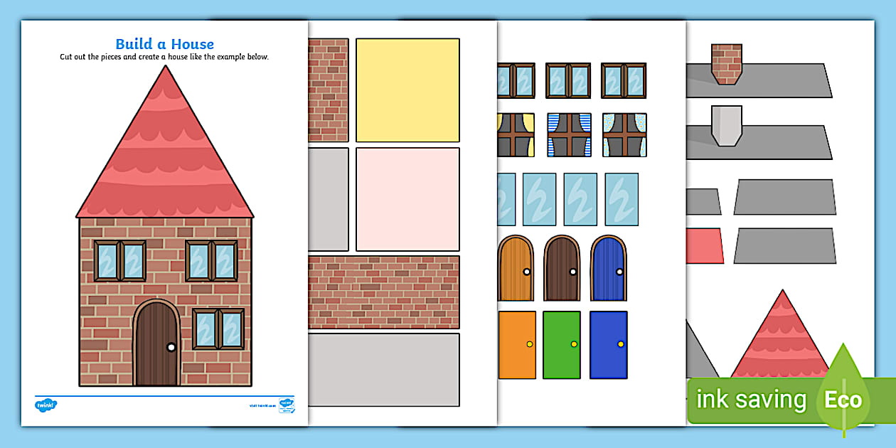Black and white build a house using shapes activity template