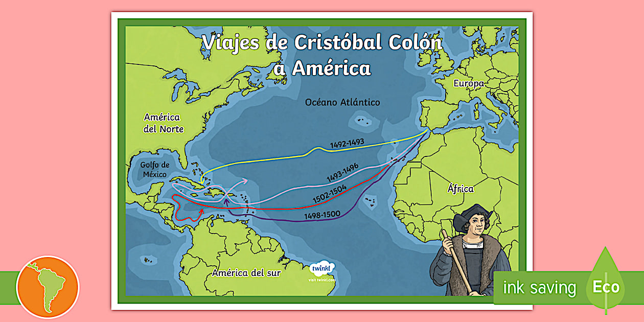 Mapa Con Los Cuatro Viajes De Cristobal Colon www.twinkl.ae