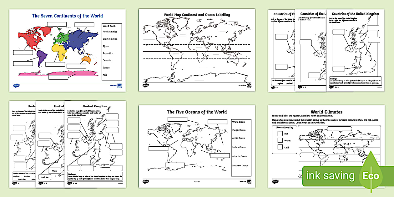 Continents, Oceans and Countries Map Labelling Pack - Twinkl