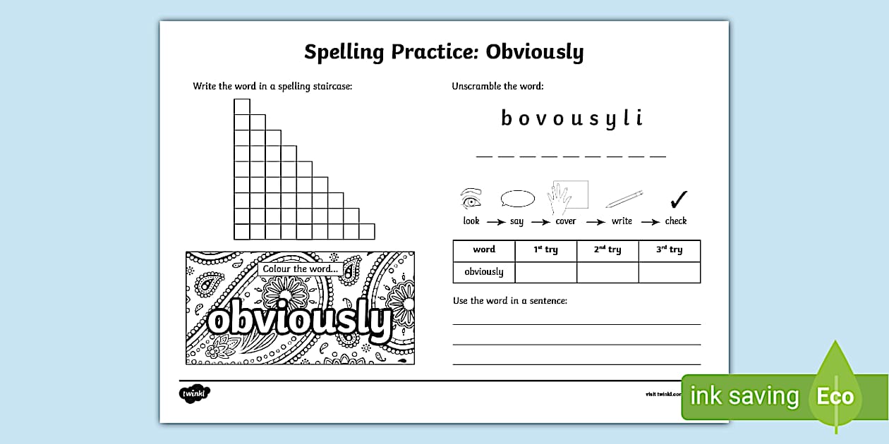 Obviously Spelling Practice Worksheet (Teacher-Made)