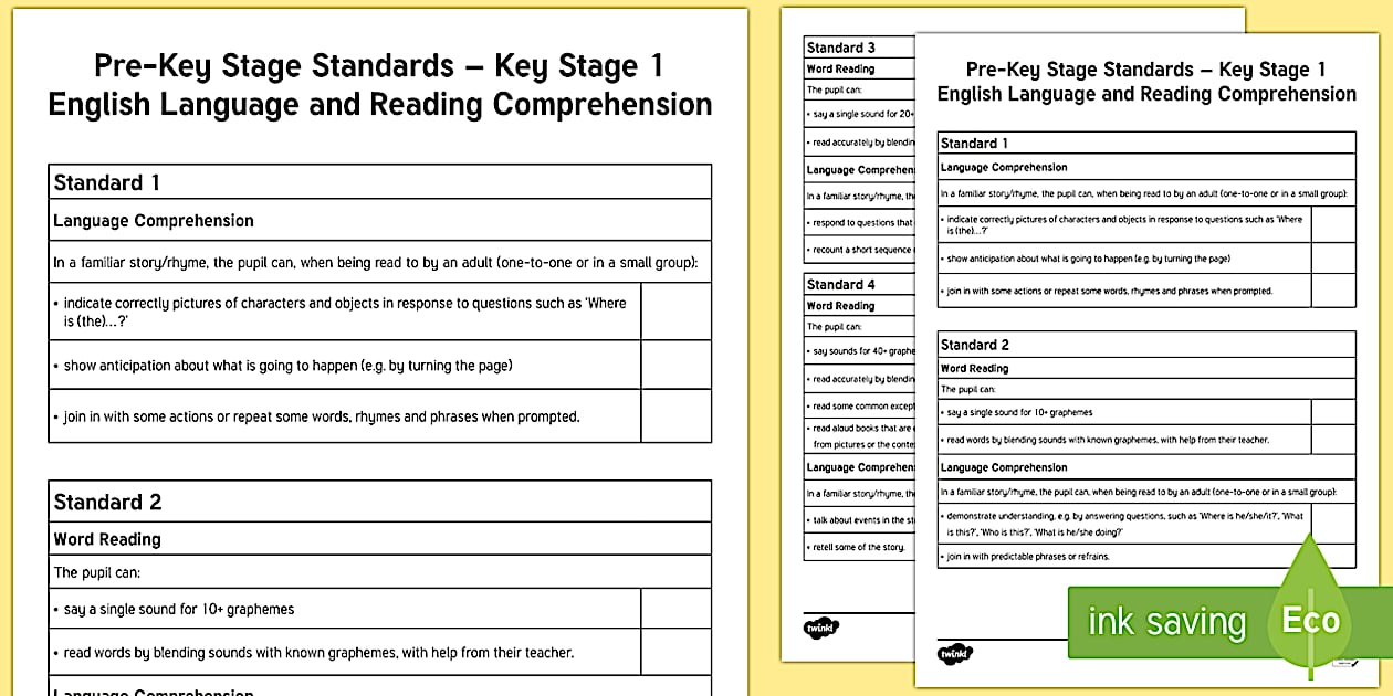 Editable Pre-Key Stage Standards KS1 English Reading Assessment Checklist