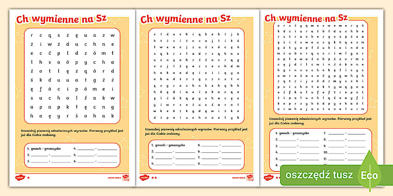 Ch Wymiennym Na Sz Karty Pracy Ch wymienne na sz | Wykreślanka | Ortografia i pisanie