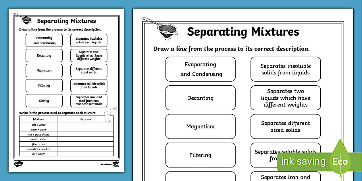 Separating Mixtures Worksheet Science Year 5 and 6