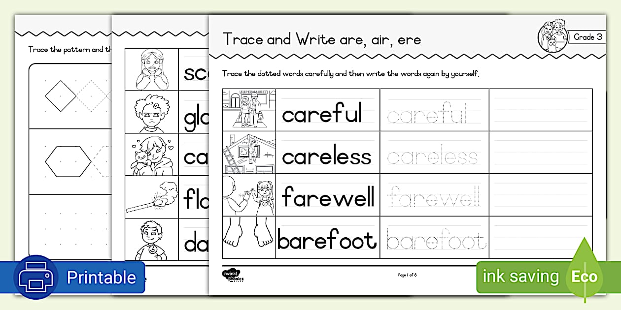 Grade 3 Phonics Trace and Write are, air, ere (teacher made)