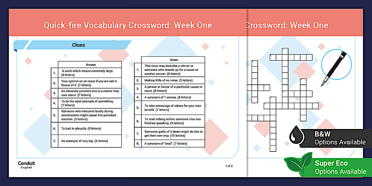 National 5 Quick fire Vocabulary Crossword: Week One