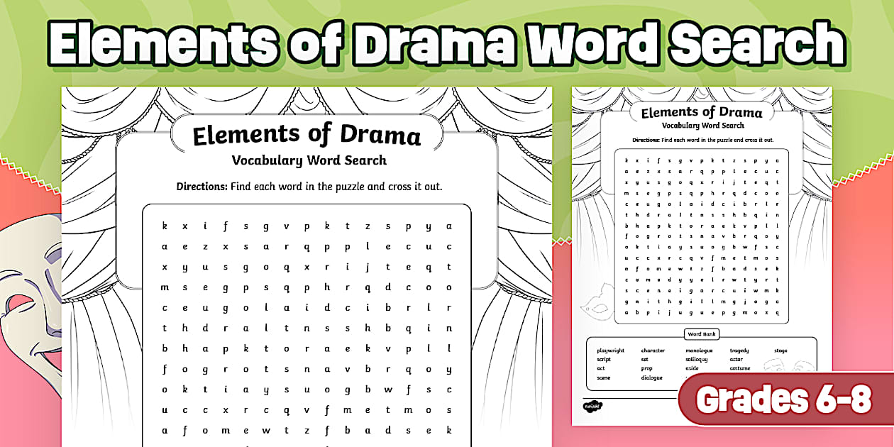 Elements of Drama Vocabulary Word Search for 6th-8th Grade