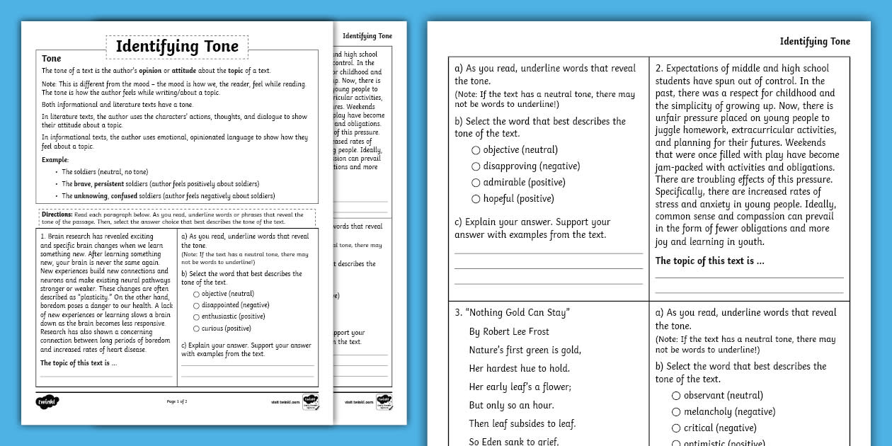 Sixth Grade Identifying Tone Worksheet (profesor hizo)