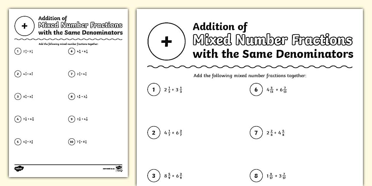 Addition of Mixed Number Fractions with the Same Denominators Activity ...