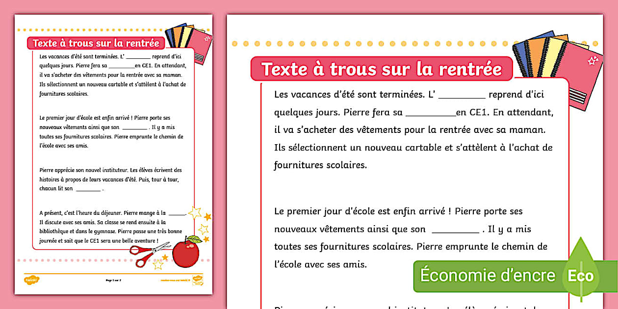Ce1 Texte Libre Page De Garde Et Texte Explicatif Exercice de lecture pour la rentrée en CE1 - texte à trous
