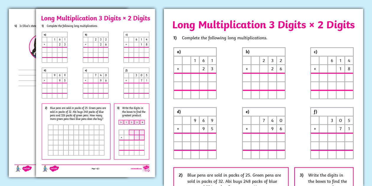 Long Multiplication 3 Digits by 2 Digits Worksheet Twinkl